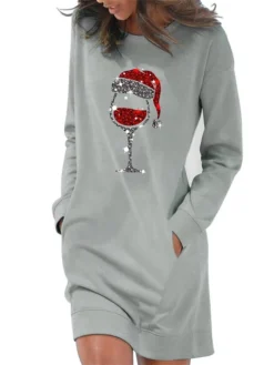 Women's Casual Dress Sweatshirt Dress Shift Dress Mini Dress Light Blue White Grey Long Sleeve Christmas Hat Pocket Fall Winter Autumn Crew Neck Stylish Winter Dress Christmas Fall Dress Loose Fit -HANs Plus Size Style Shop gehnpj1666088714106