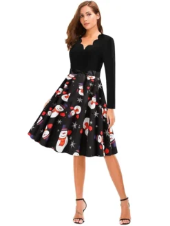Women's Christmas Knee Length Dress Black Long Sleeve Print Print Winter V Neck Active3D Print S M L XL XXL XXXL -HANs Plus Size Style Shop gejuxd1631779018685