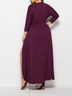 Women's Plus Size Work Dress Black Dress A Line Dress Fashion Long Dress Maxi Dress Ruched V Neck Long Sleeve Plain Loose Fit Black Wine Dark Green Fall XL XXL 3XL 4XL -HANs Plus Size Style Shop genzlv1693203505231