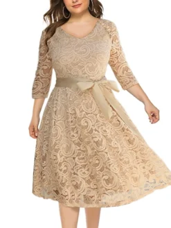Women‘s Plus Size Curve Flattering Dresses Elegant Apple Shaped Dress Wedding Guest Lace Dress Work Dress A Line Dress Solid Color Midi Dress Sleeve Lace V Neck Fashion Office Khaki Spring Summer