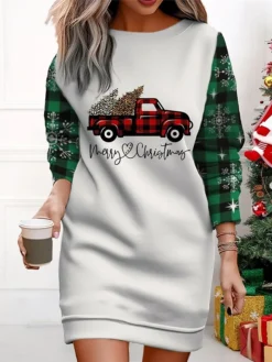 Women's Christmas Casual Dress Sweatshirt Dress Mini Dress Warm Fashion OutdoorVacation Crew Neck Print Animal SnowmanTree Loose Fit Black White Wine S M L XL XXL -HANs Plus Size Style Shop gfhupw1695365432520