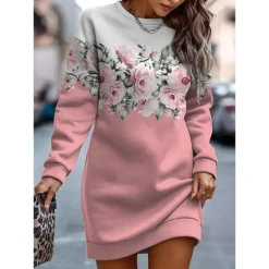 Women's Casual Dress Sweatshirt Dress Mini Dress Warm Fashion Outdoor Holiday Vacation Crew Neck Print Floral Geometric Loose Fit Yellow Pink Royal Blue S M L XL XXL -HANs Plus Size Style Shop gfihxv1692942353590