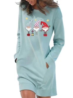 Women's Christmas Hoodie Dress Winter Dress Light Blue Grey White Long Sleeve Santa Claus Pocket Print Winter Fall Crew Neck Stylish Casual Loose Fit 2022 S M L XL 2XL / Cotton -HANs Plus Size Style Shop gfxxcq1666762296165