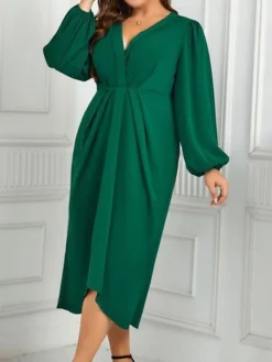 Women's Plus Size Curve Casual Dress A Line Dress Plain Midi Dress Long Sleeve Ruched V Neck Fashion Outdoor Green Fall Winter XL XXL 3XL 4XL -HANs Plus Size Style Shop gggbsw1695279806307