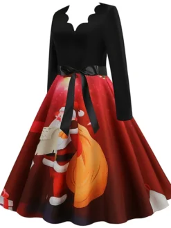 Women's Christmas Swing Dress Vintage Dress Midi Dress Green Blue Purple Long Sleeve Santa Claus Bow Winter Fall Autumn V Neck Fashion Daily Date 2022 S M L XL XXL 3XL -HANs Plus Size Style Shop gguoqw1667894685713
