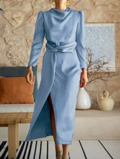 Women's Casual Dress Plain Dress Spring Dress Midi Dress Split Knot Front Work Street Daily Fashion Streetwear Crew Neck Long Sleeve 2023 Regular Fit Black Blue Green Color S M L XL Size -HANs Plus Size Style Shop ggwnri1692617875110