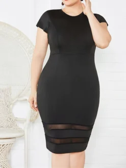 Women's Plus Size Curve Party Dress Bodycon Sheath Dress Plain Midi Dress Short Sleeve Mesh Crew Neck Fashion Party Black White Fall Winter XL XXL 3XL 4XL 5XL -HANs Plus Size Style Shop ggxwjn1694151470333