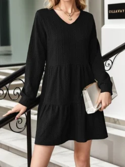 Women's Casual Dress Bodycon Black Dress Mini Dress Patchwork Outdoor Street Daily Active Fashion V Neck Long Sleeve 2023 Regular Fit Light Pink Black Dark Blue Color S M L XL XXL Size -HANs Plus Size Style Shop ggyloo1692936849292