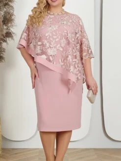 Women's Plus Size Curve Party Dress Lace Dress Cocktail Dress Midi Dress Pink Blue Half Sleeve Floral Lace Summer Spring Fall Crew Neck Fashion Birthday Wedding Guest Vacation L XL XXL 3XL 4XL 5XL -HANs Plus Size Style Shop ghdflg1692157170639