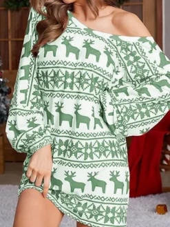 Women's Casual Dress Christmas Dress Sweatshirt Dress Animal Deer Backless Print Off Shoulder Bishop Sleeve Mini Dress Fashion Elegant Home Christmas Long Sleeve Loose Fit Red Green Fall Winter S M L -HANs Plus Size Style Shop ghkfil1692874077581