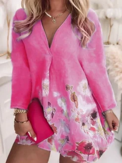 Women‘s Plus Size Curve Apple Shaped Dress Casual Dress Floral V Neck Print Long Sleeve Winter Fall Stylish Casual Mini Dress Daily Vacation Dress Weekend -HANs Plus Size Style Shop ghwvjt1638498094002