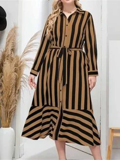 Women's Plus Size Shirt Dress Casual Dress Swing Dress Midi Dress Outdoor Daily Date Polyester Fashion Modern Shirt Collar Lace Up Button Long Sleeve Fall Winter 2023 Loose Fit Brown Striped L XL 2XL -HANs Plus Size Style Shop ghxasc1693451929138