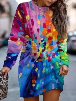 Women's Casual Dress Sweatshirt Dress Winter Dress Graffiti Print Crew Neck Mini Dress Fashion Streetwear Outdoor Daily Long Sleeve Loose Fit Red Navy Blue Blue Fall Winter S M L XL XXL -HANs Plus Size Style Shop gicjjf1694077612383