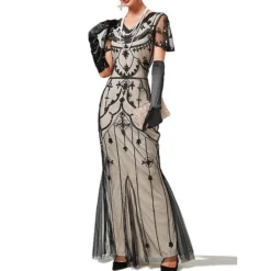 Women's Retro 1920s Sequin Dress Long Dress Maxi Dress Party Halloween Sequins Mesh Floral V Neck Short Sleeve Regular Fit Spring Fall 2023 Black Red XS S M L -HANs Plus Size Style Shop gioysg1692857598641