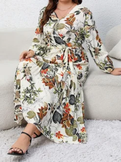 Women's Casual Dress Swing Dress Print Dress Leaf Floral Ruffle Print V Neck Long Dress Maxi Dress Fashion Streetwear Outdoor Daily Long Sleeve Regular Fit Blue Apricot Fall Winter XL XXL 3XL 4XL -HANs Plus Size Style Shop giqzla1697539484203