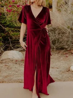 Women's Christmas Dress Casual Dress Velvet Dress Long Dress Maxi Dress Lace Up Split Outdoor Christmas Daily Fashion Elegant V Neck Short Sleeve 2023 Regular Fit Black Wine Gold Color S M L XL XXL -HANs Plus Size Style Shop gisyiv1693897061474