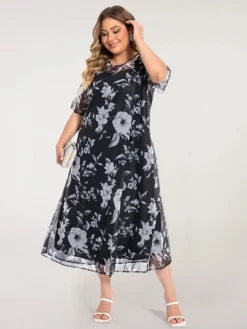 Women‘s Plus Size Curve Casual Dress Lace Dress Dress Set Floral Midi Dress 3/4 Length Sleeve Print Crew Neck Fashion Office Black Summer Spring L XL XXL 3XL 4XL