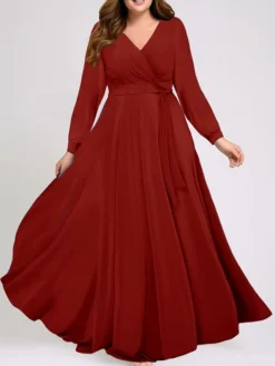 Women's Plus Size Prom Dress Party Dress Wedding Guest Dress Long Dress Maxi Dress Black Red Blue Long Sleeve Pure Color Lace Up Spring Fall Winter V Neck Fashion Winter Dress Wedding Guest Evening