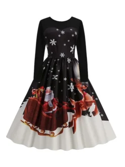 Women‘s Christmas Retro Elegant Vintage Dress Midi Dress Party Ruched Patchwork Santa Claus Crew Neck Long Sleeve Regular Fit Fall Winter 2023 Black Red S M L XL -HANs Plus Size Style Shop gjcjpz1694426164955