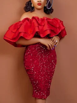 Women‘s Plus Size Curve Party Dress Solid Color Off Shoulder Short Sleeve Spring Fall Stylish Sequins Prom Dress Short Mini Dress Party Vacation Dress Sequin Dress