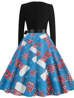 Women's Christmas Swing Dress Vintage DressKnee Length Dress Blue Red Navy Blue Black Long Sleeve Plaid Santa Claus Elk Bow Print Fall Winter V Neck Vacation Vintage 2022 S M L XL XXL 3XL -HANs Plus Size Style Shop gjopkg1665293391836