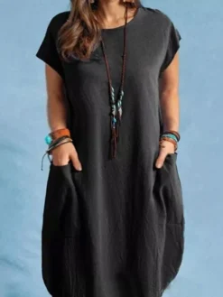 Women's Plus Size Apple Shaped Dress Curve Shift Dress Solid Color Round Neck Short Sleeve Spring Summer Casual Knee Length Dress Casual Daily Dress -HANs Plus Size Style Shop gjshkr1655290199390