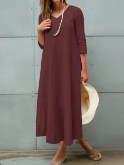 Women's Plus Size Curve Work Dress A Line Dress Fashion Long Dress Maxi Dress Patchwork V Neck 3/4 Length Sleeve Plain Loose Fit Wine Dark Blue Beige Fall L XL XXL 3XL 4XL -HANs Plus Size Style Shop gjszpb1693299510055