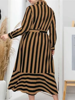 Women's Plus Size Curve Shirt Dress Casual Dress Midi Dress Outdoor Daily Vacation Polyester Fashion Classic Shirt Collar Lace Up Button Long Sleeve Spring Fall Winter Loose Fit Yellow Striped L XL -HANs Plus Size Style Shop gjszpt1693210757381