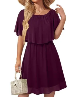 Women's Casual Dress Summer Dress Plain Dress Midi Dress Fake Two Piece Outdoor Street Daily Fashion Streetwear Crew Neck Short Sleeve 2023 Loose Fit Black White Wine Color S M L XL XXL Size -HANs Plus Size Style Shop gkhczp1689248941439
