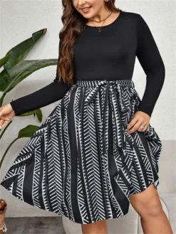 Women's Plus Size Curve Party Dress Winter Dress Black Dress Geometric Midi Dress Long Sleeve Patchwork Bow Crew Neck Fashion Party Black Fall Winter XL XXL 3XL 4XL -HANs Plus Size Style Shop gkifzt1695103069913