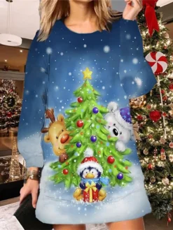 Women's Christmas Sweatshirt Dress Shift Dress Mini Dress Green Blue Royal Blue Long Sleeve Snowman Print Winter Fall Autumn Fashion Daily 2022 S M L XL XXL 3XL -HANs Plus Size Style Shop gknenn1667985750869