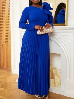 Women's Plus Size Curve Party Dress Work Dress Swing Dress Plain Long Dress Maxi Dress Long Sleeve Pleated Ruffle Crew Neck Fashion Party Blue Fall Winter XL XXL 3XL 4XL