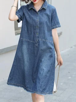 Women's Denim Dress Casual Dress Midi Dress Denim Basic Casual Outdoor Daily Vacation Shirt Collar Button Short Sleeve Summer Spring Fall 2023 Loose Fit Blue Plain S M L XL -HANs Plus Size Style Shop glbaaj1677036196151