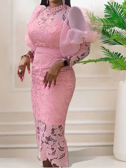 Women‘s Plus Size Curve Party Dress Lace Dress Cocktail Dress Midi Dress White Pink Long Sleeve Pure Color Lace Spring Fall Winter Stand Collar Fashion Wedding Guest Vacation Fall Dress 2023 -HANs Plus Size Style Shop glvrur1690946615435