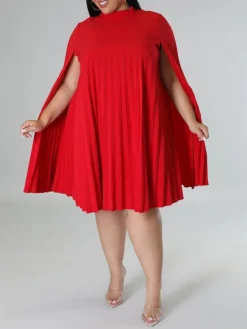 Women‘s Plus Size Curve Casual Dress Shift Dress Solid Color Midi Dress Long Sleeve Pleated Stand Collar Basic Daily Black White Fall Spring XL XXL 3XL 4XL 5XL -HANs Plus Size Style Shop glwfmv1672817485677