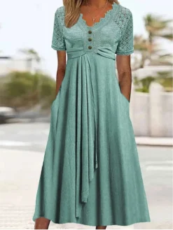 Women's Casual Dress Summer Dress Midi Dress Lace Patchwork Daily Date Going Out Fashion Modern V Neck Short Sleeve 2023 Regular Fit Green Color S M L XL XXL Size