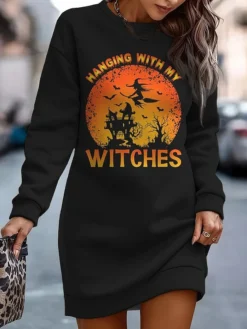 Women's Halloween Dress Casual Dress Sweatshirt Dress Mini Dress Warm Daily Outdoor Holiday Crew Neck Print Animal Pumpkin Print Loose Fit Black Yellow Red S M L XL XXL -HANs Plus Size Style Shop glzdqc1692935621412