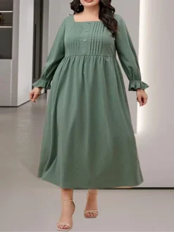 Women's Plus Size Curve Casual Dress Winter Dress Swing Dress Plain Midi Dress Long Sleeve Ruched Pocket Square Neck Fashion Outdoor Green Fall Winter XL XXL 3XL 4XL 5XL -HANs Plus Size Style Shop gmfrkr1695191645411