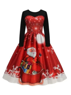 Women‘s Christmas Retro Elegant Vintage Dress Midi Dress Party Ruched Patchwork Santa Claus Crew Neck Long Sleeve Regular Fit Fall Winter 2023 Black Red S M L XL