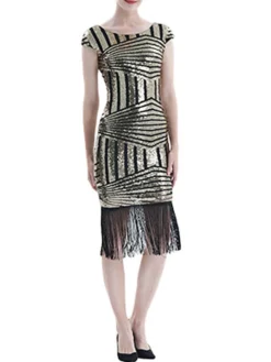 Women's Retro 1920s Fringe Dress Midi Dress Party Halloween Sequins Tassel Fringe Geometric V Neck Short Sleeve Regular Fit Spring Fall 2023 Silver Pink S M L XL -HANs Plus Size Style Shop gmsvzj1693212360743