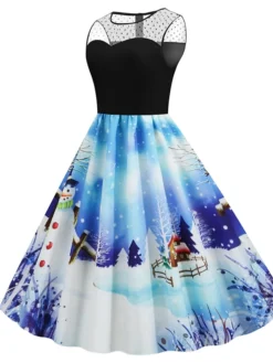 Women's Christmas Casual Dress Swing Dress Midi Dress Blue Royal Blue Dark Blue Light Blue Sleeveless Santa Claus Snowman Mesh Print Winter Fall Crew Neck Vacation Vintage 2022 S M L XL XXL -HANs Plus Size Style Shop gmulnu1666597374748