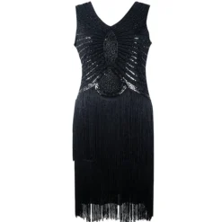 Women's Retro 1920s Fringe Dress Midi Dress Party Halloween Sequins Tassel Fringe Geometric V Neck Sleeveless Regular Fit Spring Fall 2023 Black White S M L XL -HANs Plus Size Style Shop gmuvxr1692849424387