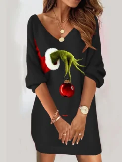 Women's Sweatshirt Dress Shift Dress Sweat Dress Mini Dress Black Light Green Red 3/4 Length Sleeve Grinch Print Spring Fall Winter V Neck Fashion Christmas Loose Fit 2023 S M L XL XXL 3XL