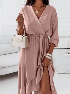 Women‘s Curve Sheath Dress Knee Length Dress Green Black Pink Light Blue Long Sleeve Solid Color Lace Up Ruffle Plus High Low Fall Spring V Neck Elegant Vintage Party Loose 2023 S M L XL XXL 3XL -HANs Plus Size Style Shop gncfgn1635330865312