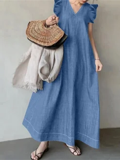 Women's Denim Dress Swing Dress Maxi Long Dress Denim Fashion Casual Outdoor Daily Vacation V Neck Pocket Short Sleeve Summer Spring 2023 Regular Fit Black Navy Blue Sky Blue Pure Color S M L XL 2XL