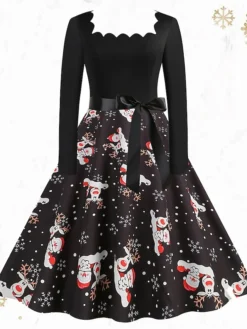 Women's Christmas Vintage Dress Midi Dress Black And White Green Black Long Sleeve Santa Claus Bow Winter Fall Autumn Square Neck Stylish Christmas Vacation 2022 S M L XL XXL 3XL
