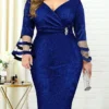 Women‘s Plus Size Curve Party Dress Solid Color V Neck Mesh Long Sleeve Fall Spring Elegant Prom Dress Midi Dress Formal Party Dress