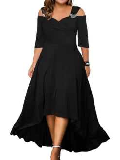 Women‘s Plus Size Curve Party Dress Swing Dress Formal Dress Solid Color Midi Dress Half Sleeve Hollow Out Plus High Low V Neck Elegant Party Black White Summer Spring L XL XXL 3XL 4XL -HANs Plus Size Style Shop gocgcn1678790196494