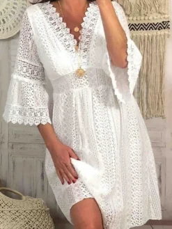 Women's Casual Dress White Dress Summer Dress Mini Dress Eyelet Daily Holiday Date Fashion Modern V Neck Sleeveless 2023 Regular Fit White Ivory Color S M L XL XXL Size