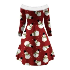 Women's Christmas Swing Dress Vintage Dress Mini Dress Green Light Green Wine Red Navy Blue White Long Sleeve Snowman Tree Snowflake Backless Feather Print Winter Fall Off Shoulder Vacation Stylish -HANs Plus Size Style Shop gooarn1666597247122
